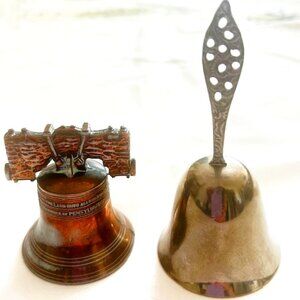 2 Vtg Small Bells Copper Liberty Bell and Silver Tone Bell read